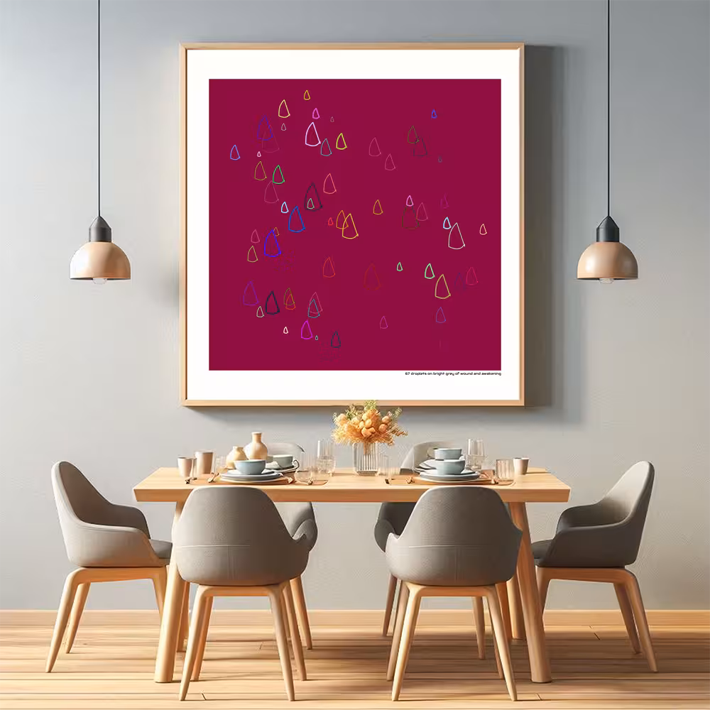 67 droplets on bright grey of wound and awakening in room setting