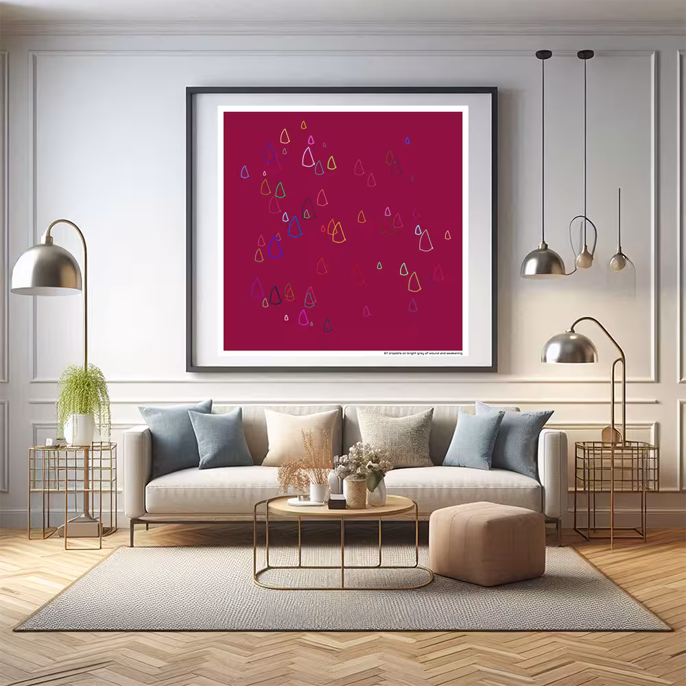 67 droplets on bright grey of wound and awakening in room setting