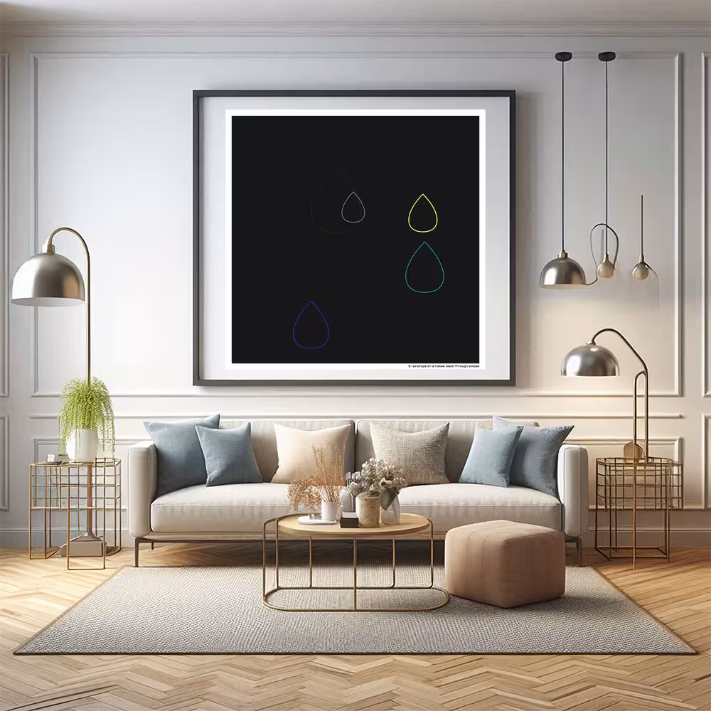 5 raindrops on a hollow black through eclipse in room setting