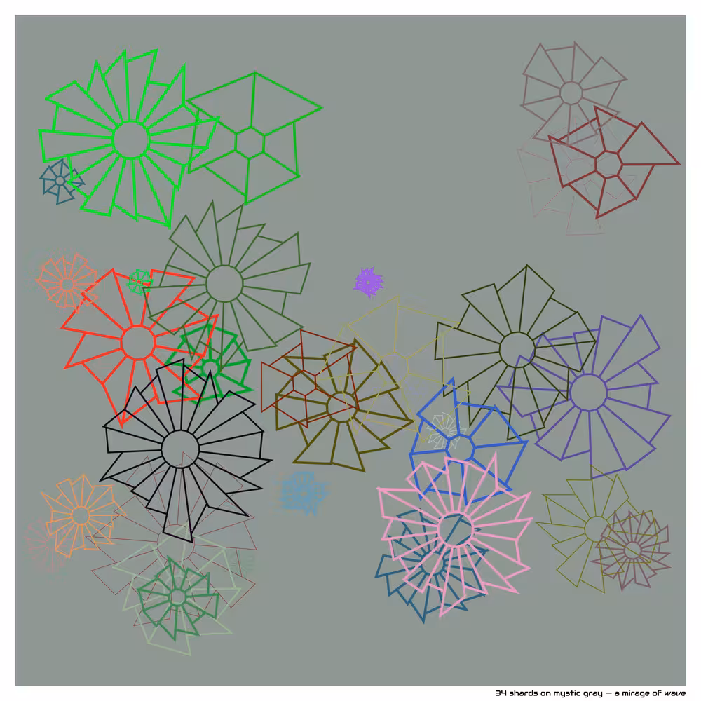 34 shards on mystic gray — a mirage of wave