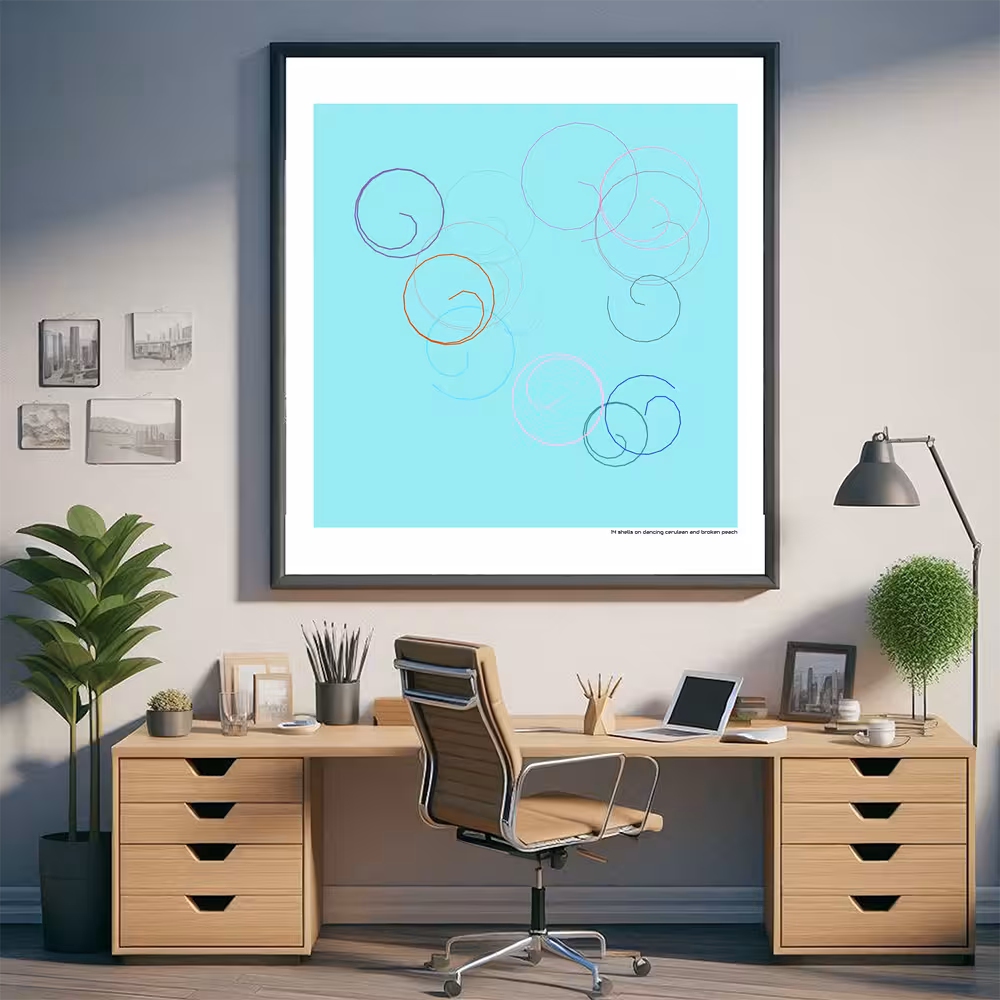 14 shells on dancing cerulean and broken peach in room setting