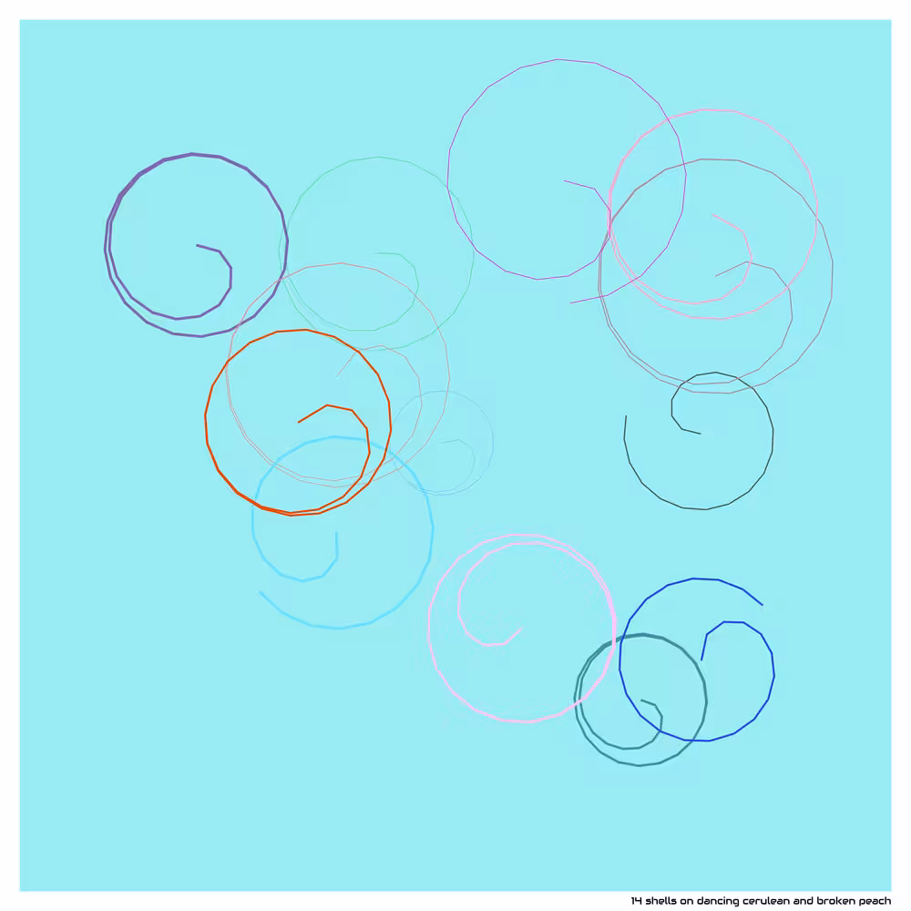 14 shells on dancing cerulean and broken peach