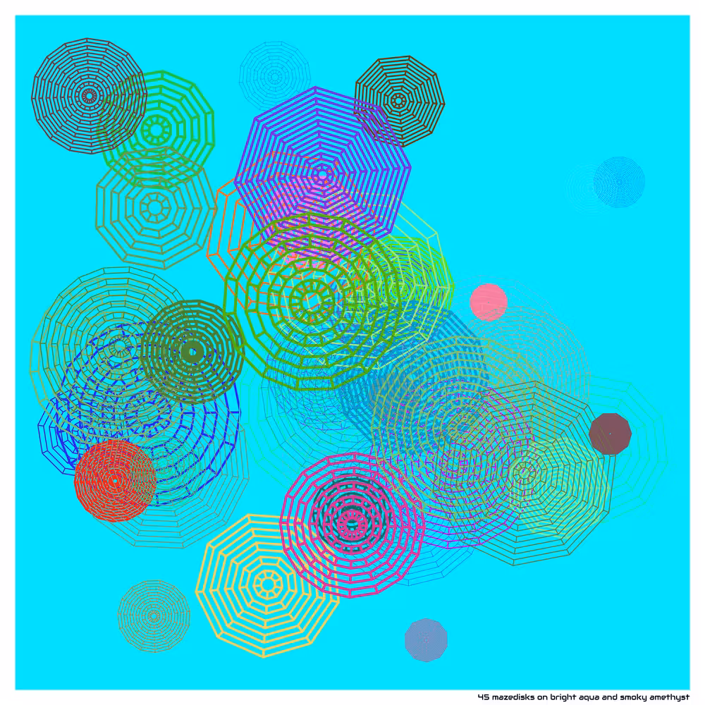 45 mazedisks on bright aqua and smoky amethyst